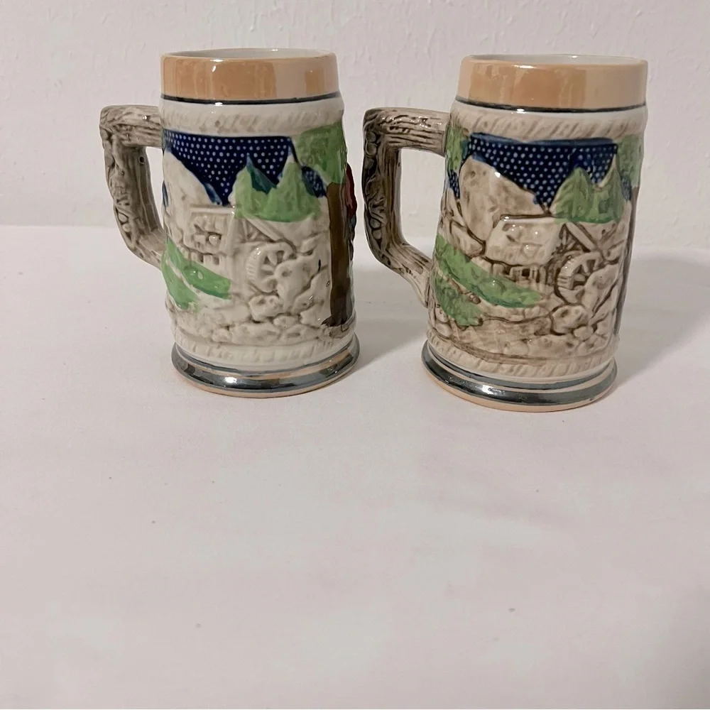 (2) Vintage German Beer Steins Made Japan Tree Handle German Artwork Excellent